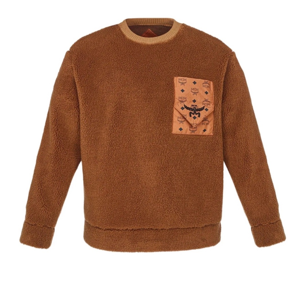 MCM Men's Cognac Sherpa Crewneck with Monogram Pocket